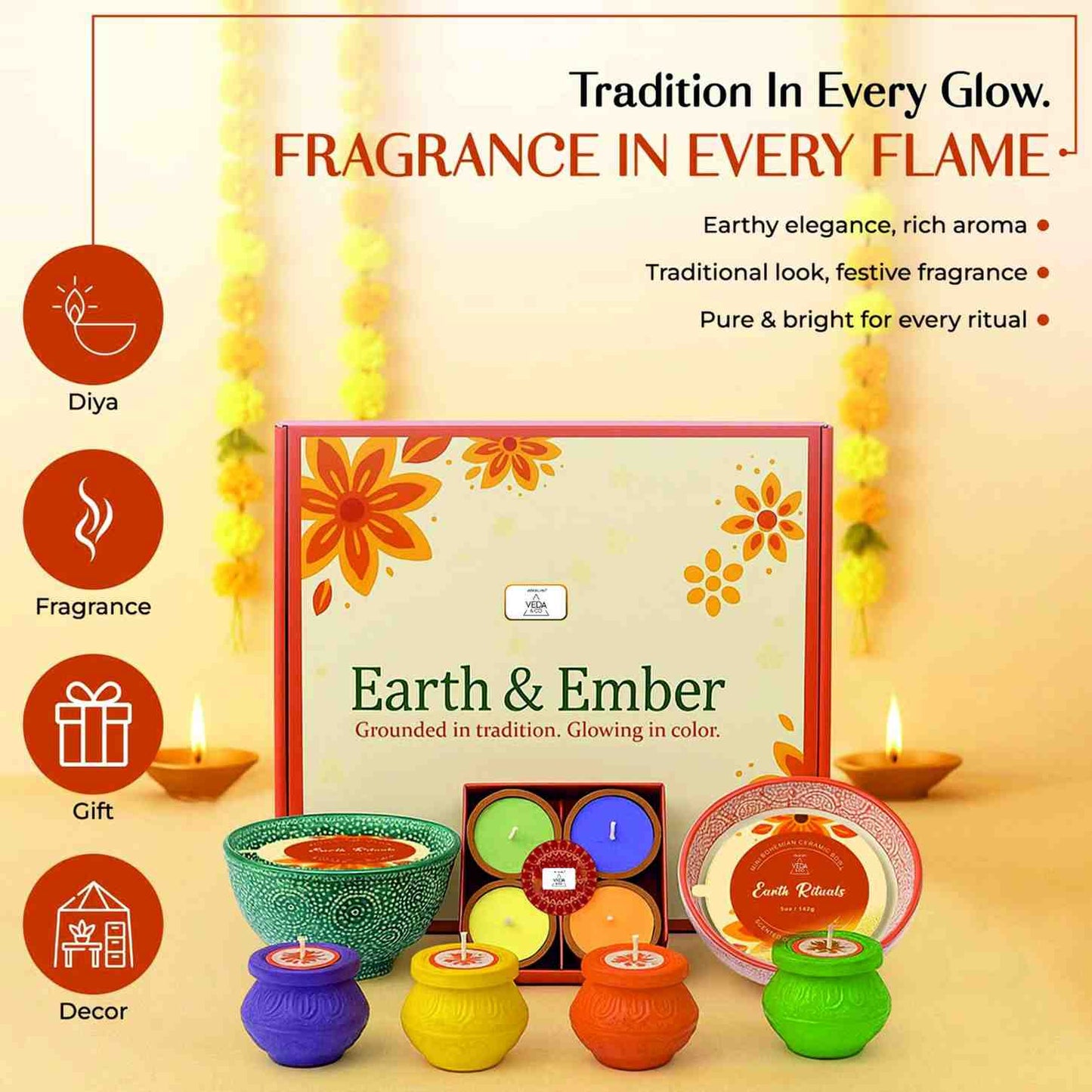 Welburn Veda&Co® Earth & Ember Diwali Gift Set | 2 Scented Bandhani Bowl Candles, 4 Handpainted Matki Diyas & 4 Scented Diyas | Festive Decor & Gifting | Clean Wax | Premium Fragrance | Pooja Ready