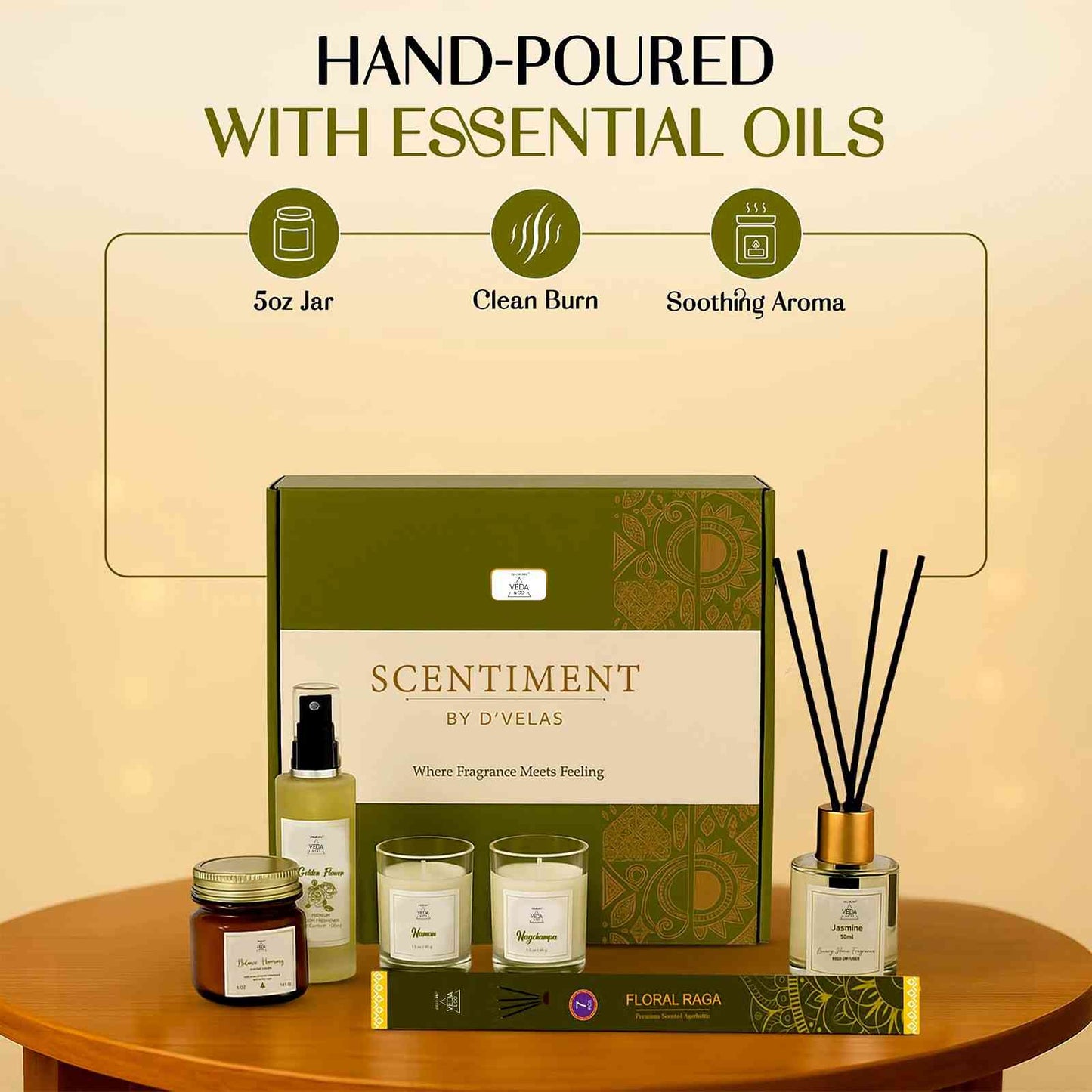 Welburn Veda&Co® Scentiment Home Fragrance Gift Set | Aromatherapy Candle, Room Spray, Reed Diffuser, Votives & Incense Sticks | Relaxing Gift Box for Home Decor, Ambience & Festive Gifting