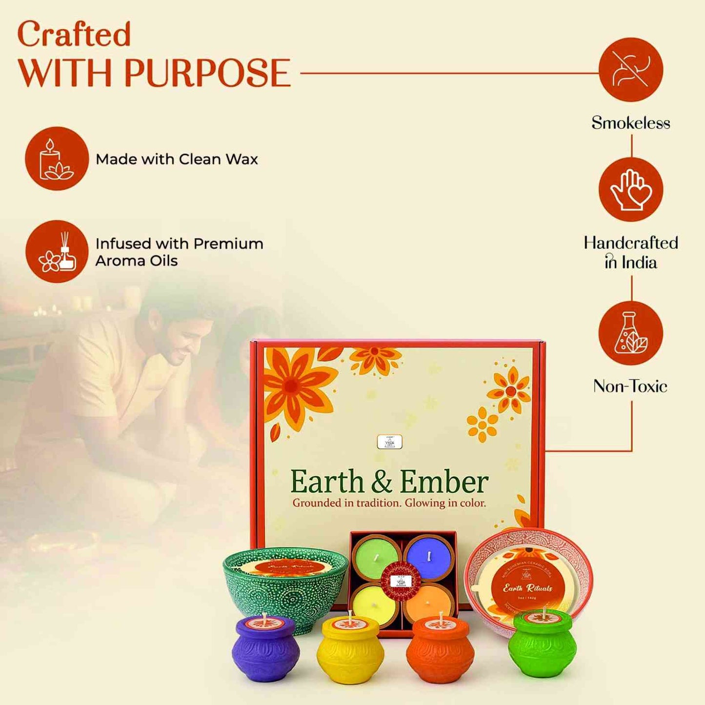 Welburn Veda&Co® Earth & Ember Diwali Gift Set | 2 Scented Bandhani Bowl Candles, 4 Handpainted Matki Diyas & 4 Scented Diyas | Festive Decor & Gifting | Clean Wax | Premium Fragrance | Pooja Ready