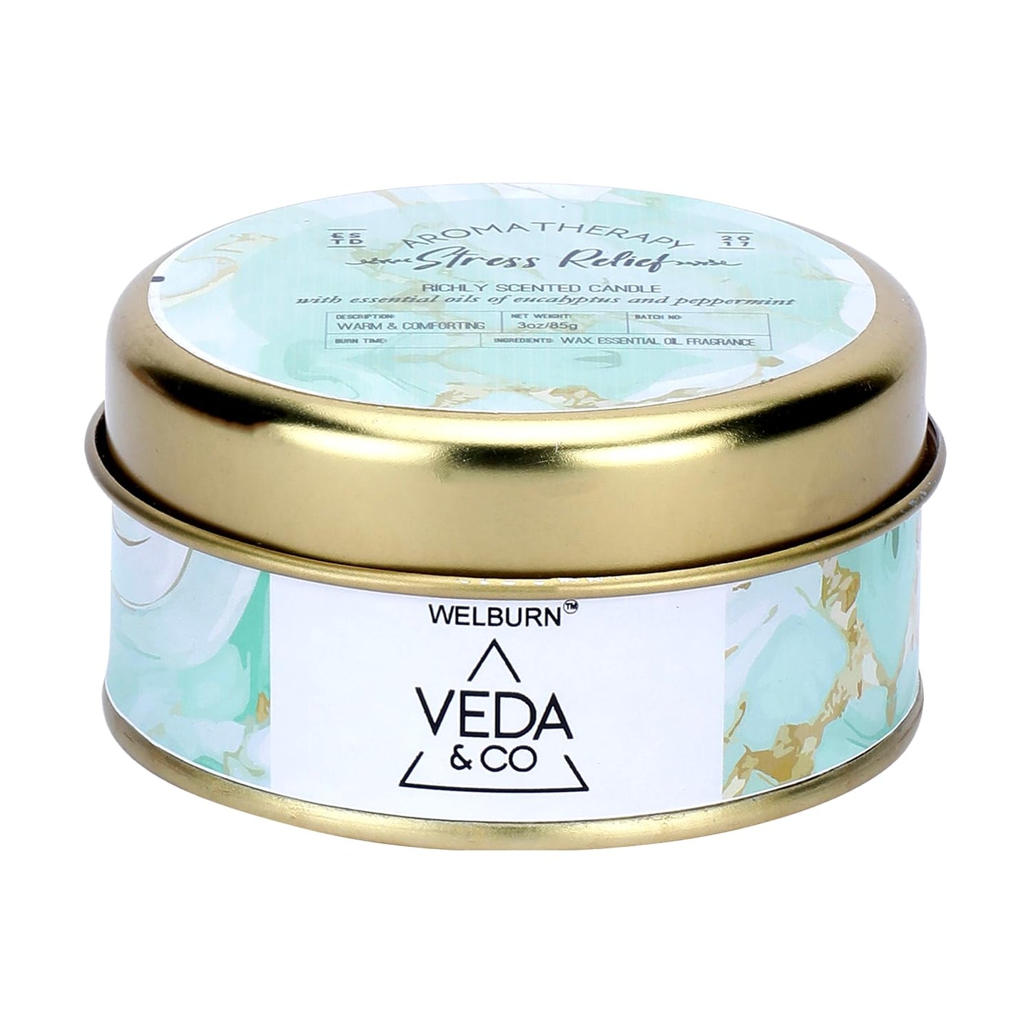 Welburn Veda&Co® Scented Wax Candle – Stress Relief | Aromatherapy Travel Tin Candle | 100% Natural Soy Wax | Relaxing Stress-Relieving Fragrance | 15 Hours Burn Time | 85gm Travel Candle
