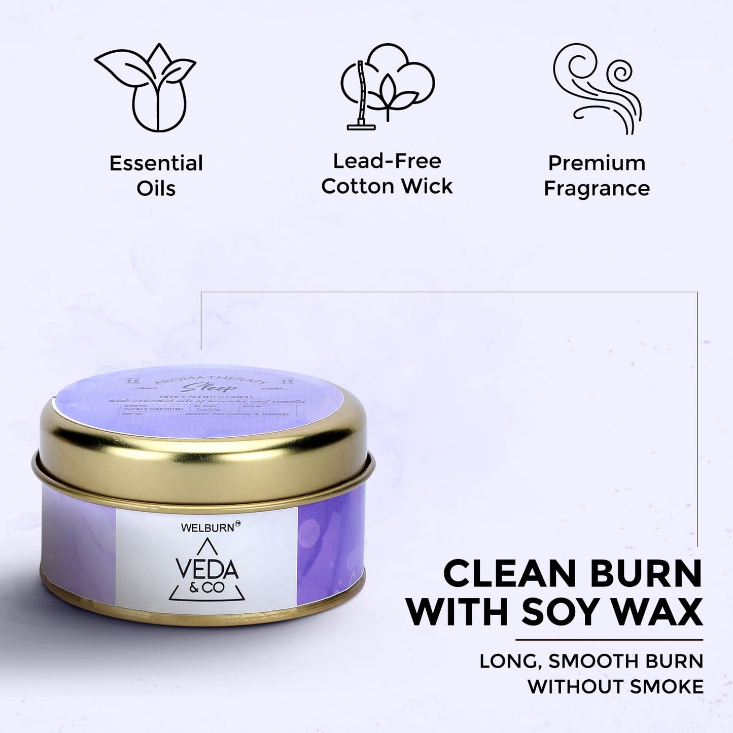 Welburn Veda&Co® Scented Wax Candle (85gm, 15 Hr Burn Time) | Aromatherapy Travel Tin Candle | Soy Wax | Induces Sleep & Relaxation | Stress Relief Candle for Bedroom, Meditation & Home Décor