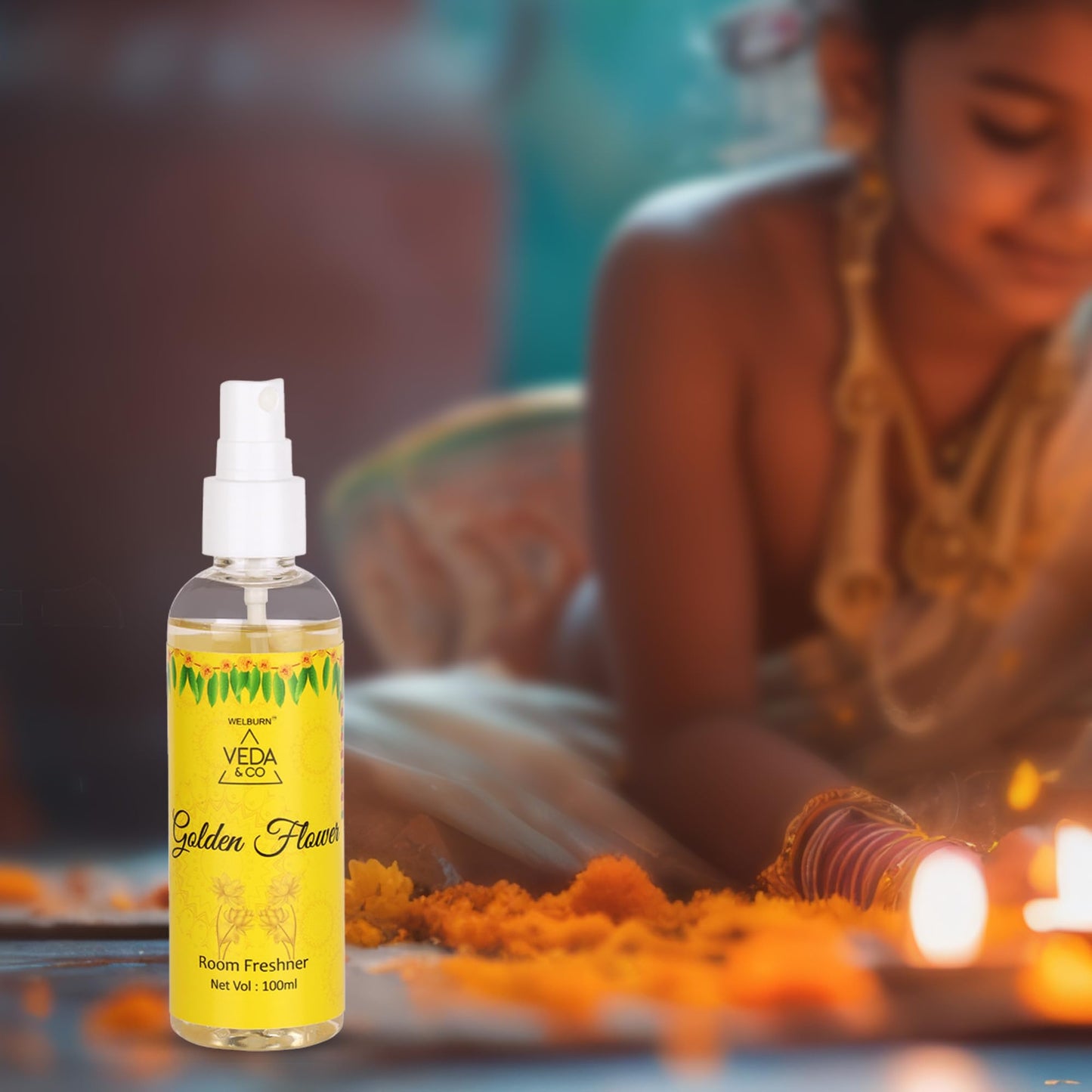 Welburn Veda&Co® Long-Lasting Jasmine & Golden Flower Room Freshener – 100ml Each (Pack of 2) | Air Freshener Spray for Puja Room, Home, Office & Living Spaces – Floral Aroma