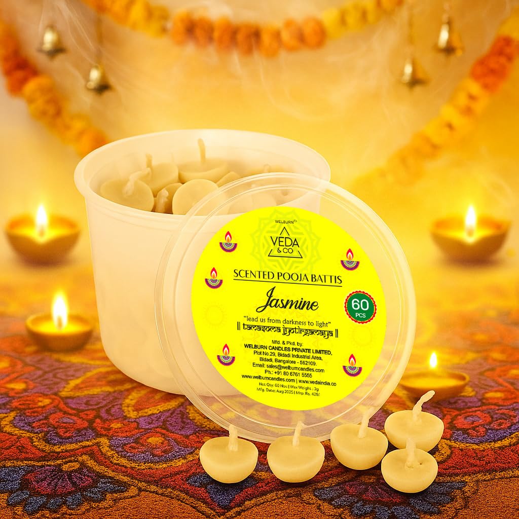 Welburn Veda&Co® Spritual Fragrance Ghee Batti for Puja | Diya Batti with Cotton Wick | Pooja Batti for Divine Worship | Ideal for Festivals and Daily Puja (Pack of 60)