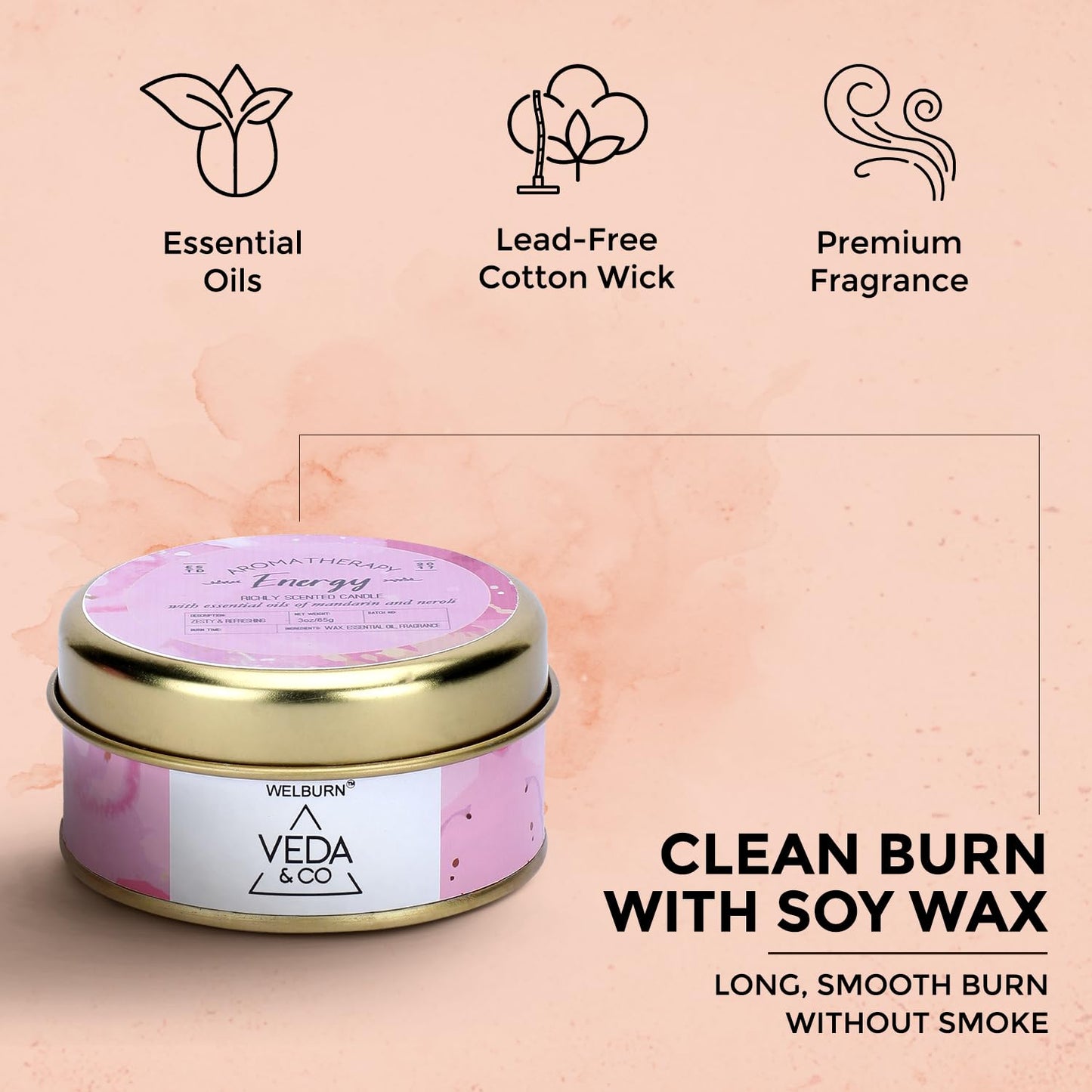 Welburn Veda&Co® Scented Wax Candle – Energy Boost | Aromatherapy Travel Tin Candle | Soy Wax | Home Décor Essential | 15-Hour Burn | 85g