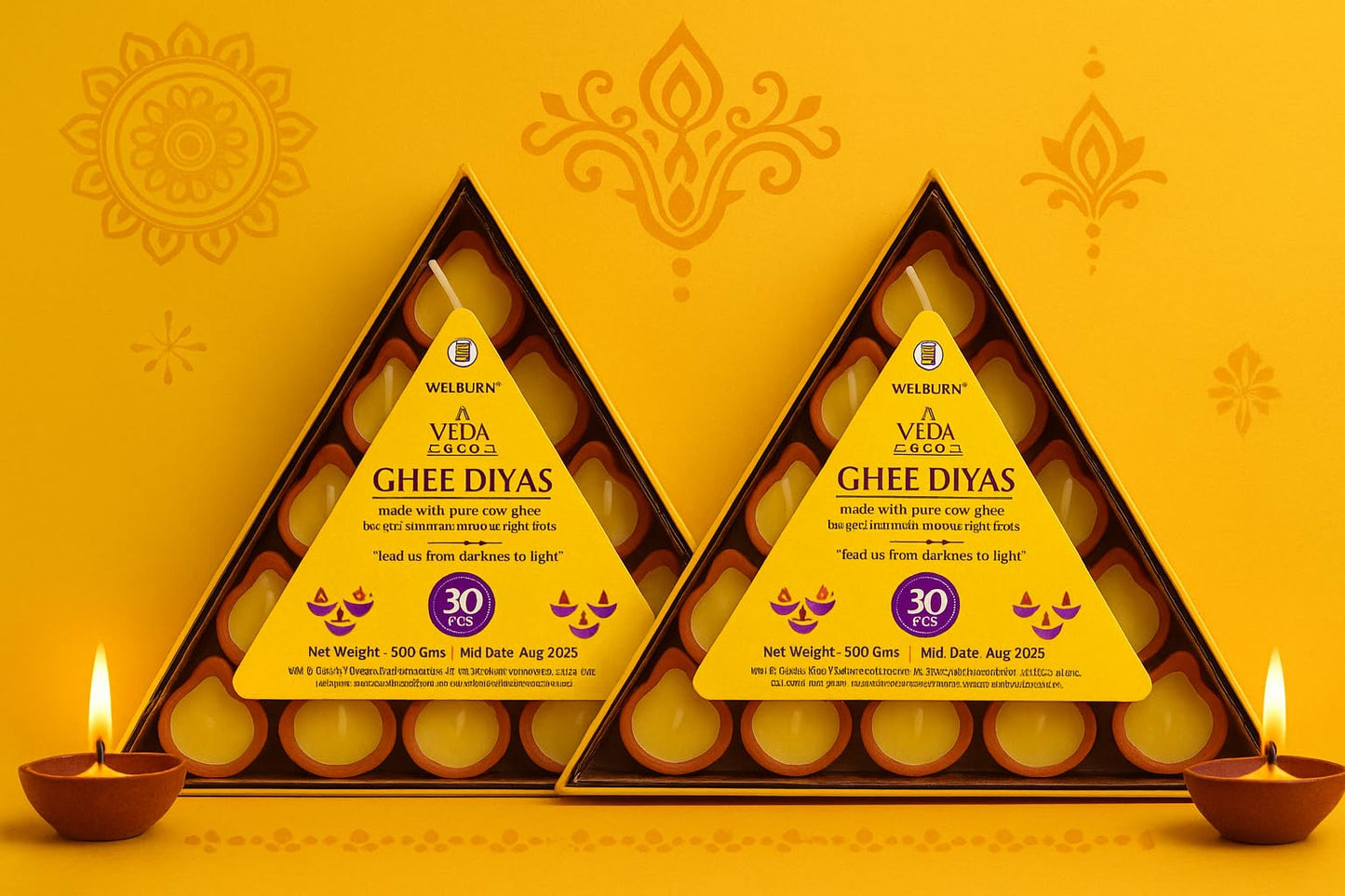 Welburn Veda&Co® Pure Cow Ghee Diya 60 pcs for Puja & Diwali Decoration | Upto 50-55 Burn time | Smoke Free | Diyas for Pooja Havans & Religious Rituals,Festivals | Ready to use