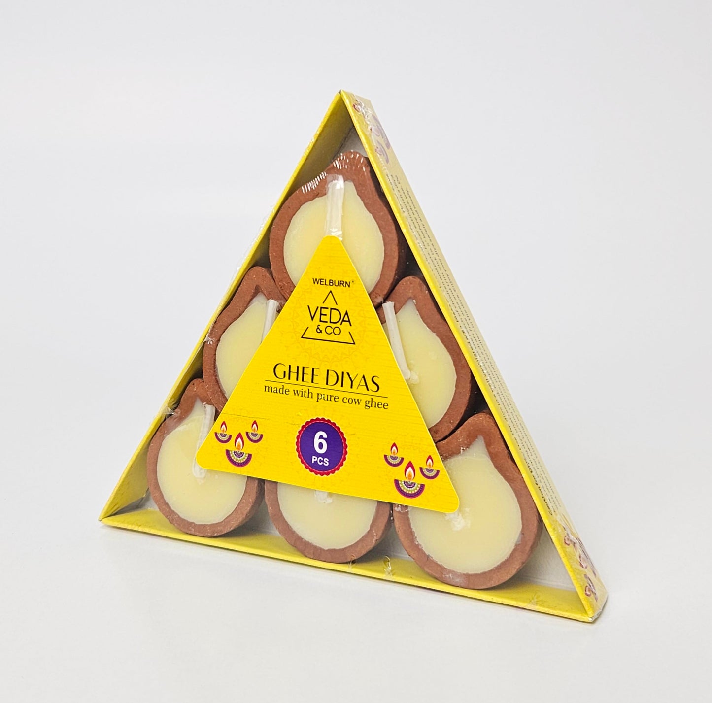Welburn Veda&Co® Pure Cow Ghee Diya for Puja/Pooja - 6 Pieces | Upto 45 Minutes Burn Time | Ghee Blended Filled Clay Diya Batti | Ready to Use Diwali Diyas for Daily Pooja (6 Days Pack)