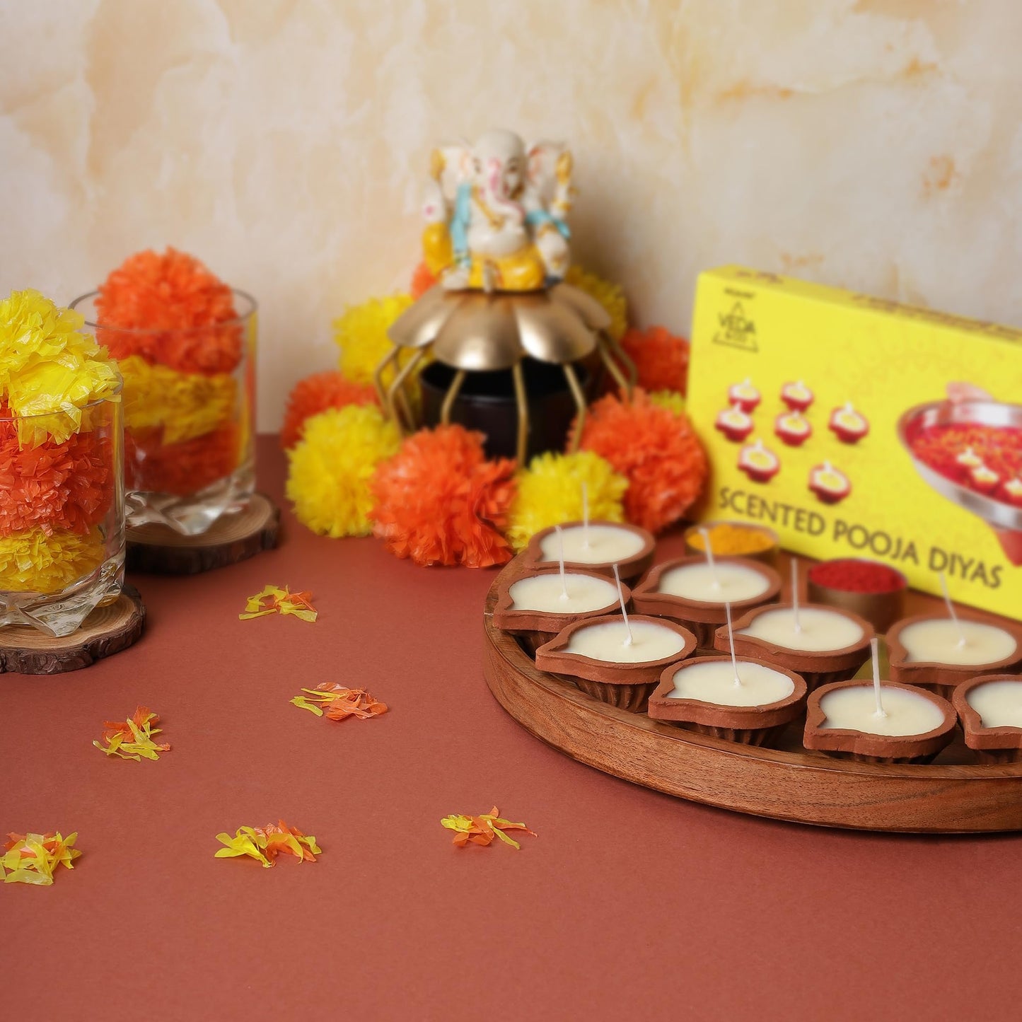 Welburn Veda&Co® Nagchampa Scented Diya for Puja (10 Pieces), Clay Diya Batti with Cotton Wick, Upto 3hrs Burning Time, Ghee Blended Ready to Use Diyas, Premium Puja Fragrance -Scented Puja Diya