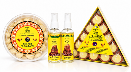Ghee Diya (30 Pcs), Ghee Batti (100 Pcs) & Puja Spray (2 Pcs) Combo