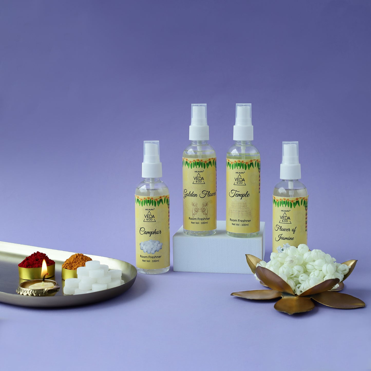 Jasmine, Camphor, Golden Flower & Temple Fragrance Room Freshener | Combo Pack of 4 (100ml each)