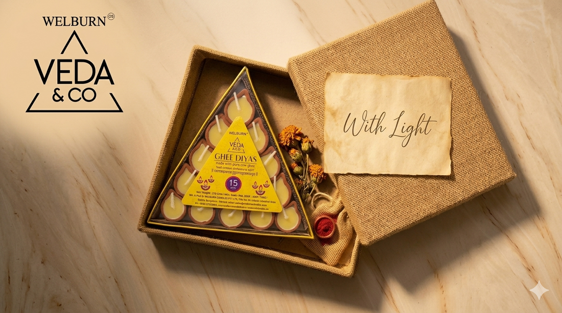 A beautifully packaged clay ghee diya gift set with dried marigolds and a handwritten card