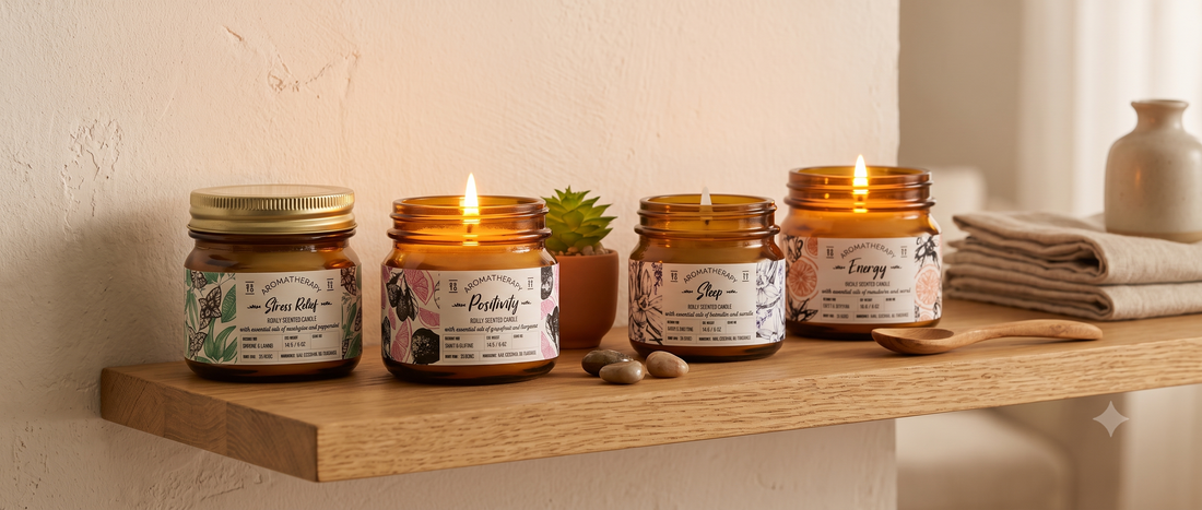  A set of four aromatherapy candle jars with different scents arranged on a wooden shelf