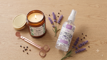 An aromatherapy candle and a room freshener spray bottle placed side by side on a shelf for comparison