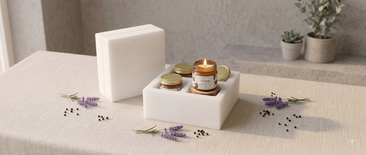 A beautifully wrapped aromatherapy candle gift set with ribbon, ready for gifting on a wooden table
