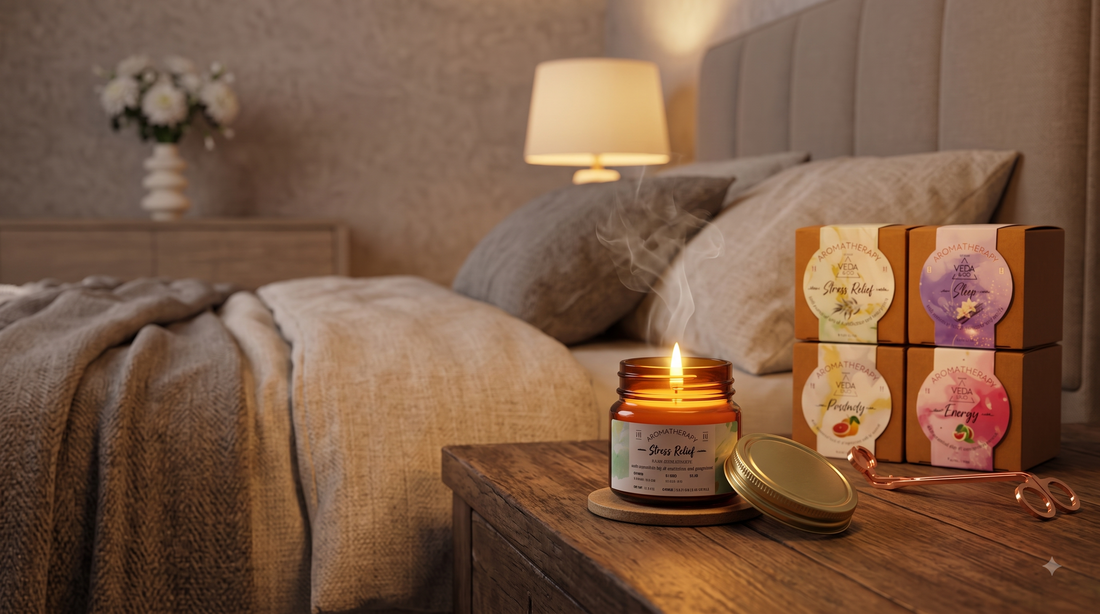 A warm lit aromatherapy candle beside small mood labels for energy, sleep, and calm on a wooden table