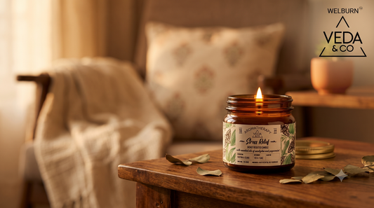 Aromatherapy candle burning in a glass jar on a wooden table in a softly lit home