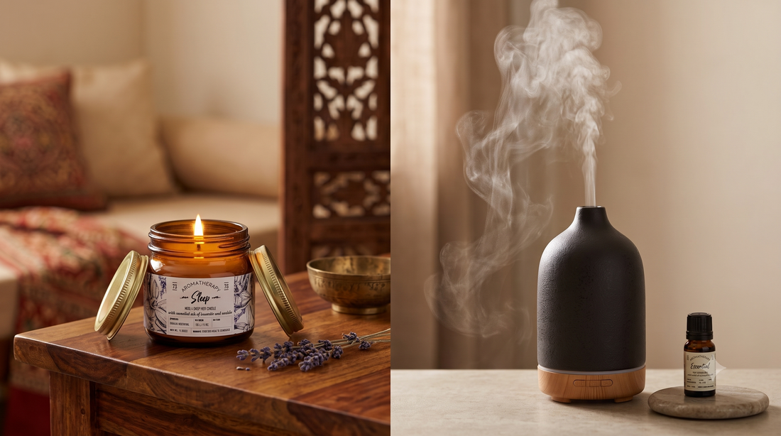 Side by side comparison of an aromatherapy candle and an essential oil diffuser