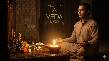 Hands carefully preparing a cow ghee diya with cotton wick at a home altar — Veda & Co