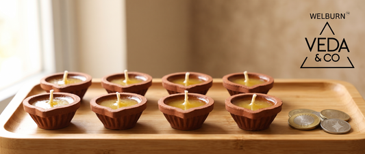 Clay cow ghee diyas arranged on a tray beside coins to represent cost per diya