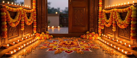 Multiple cow ghee diyas lit together for a special occasion pooja at a decorated home entrance