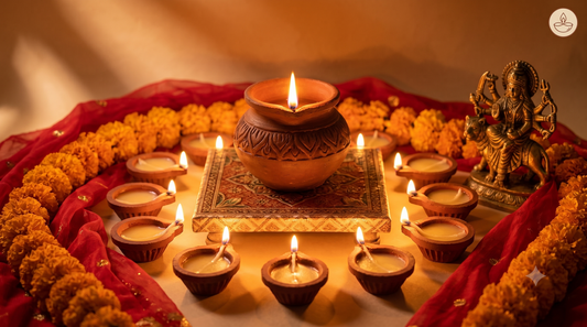 Side by side comparison of a Veda & Co clay ghee diya and a synthetic wax candle on a puja thali
