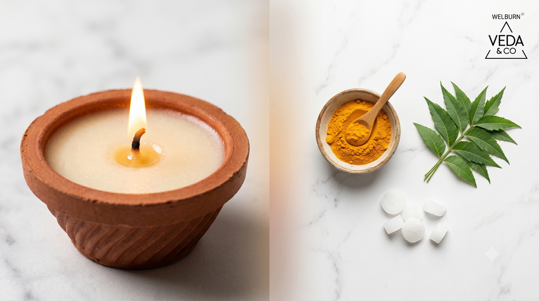 Clay cow ghee diya burning with a clean flame next to a small Ayurvedic herbs display