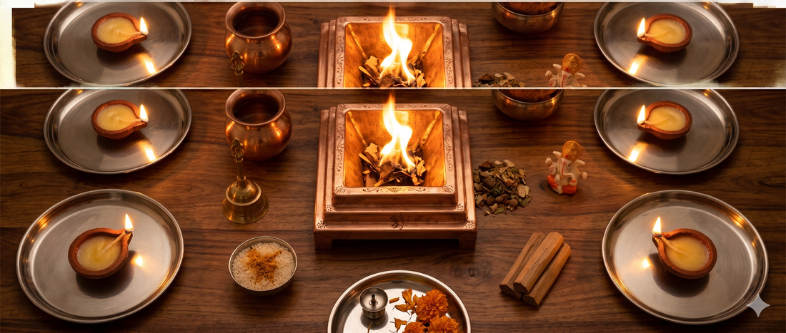 Multiple Veda & Co cow ghee diyas set up alongside a home havan preparation — Veda & Co