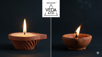 Close-up of a pure cow ghee diya flame showing clear golden colour and no smoke — Veda & Co
