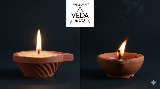 Close-up of a pure cow ghee diya flame showing clear golden colour and no smoke — Veda & Co