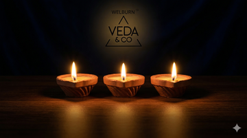 Pure cow ghee clay diyas lit across a home for a festival occasion — Veda & Co