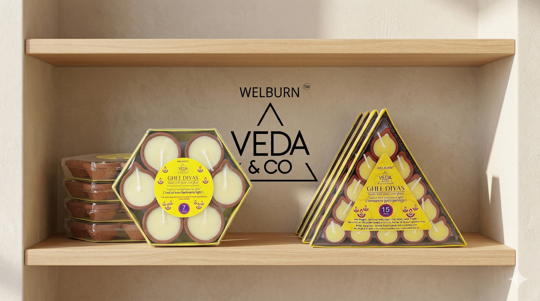 Veda & Co cow ghee diya packs stored neatly in a dry shelf at home — Veda & Co