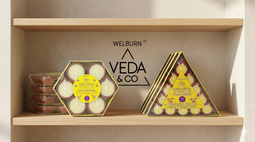 Veda & Co cow ghee diya packs stored neatly in a dry shelf at home — Veda & Co