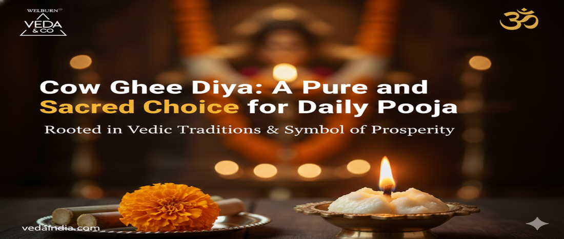 A traditional clay Cow Ghee Diya with a warm golden flame, placed next to a ritual brass plate with sugarcane, rice, and a marigold flower against a festive Makara Sankranti sunset background