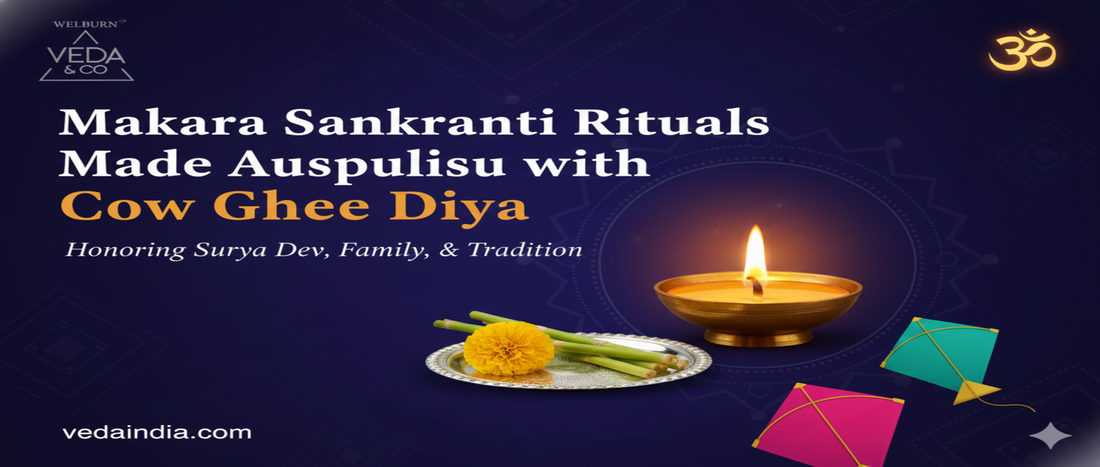 A traditional clay Cow Ghee Diya burning brightly alongside sugarcane and festive offerings for Makara Sankranti celebrations.
