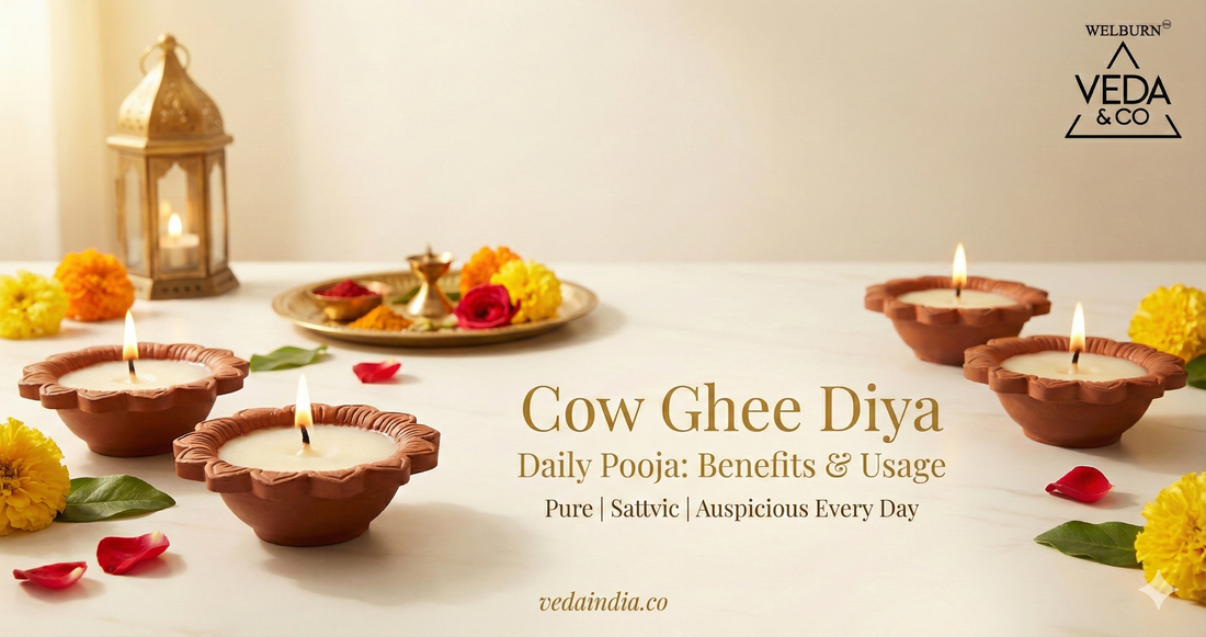 Cow ghee diya for daily pooja with pure cotton wick producing a steady sacred flame