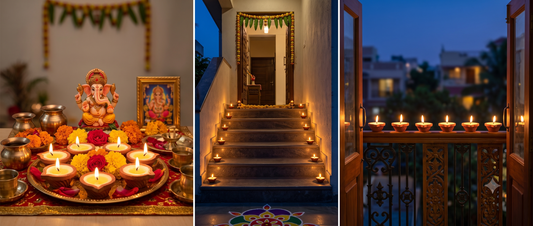  Diyas placed in varying quantities across a puja altar, entrance steps and balcony railing of a home