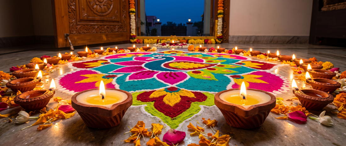 Diyas arranged around the edge of a colourful rangoli pattern at a home entrance for Diwali