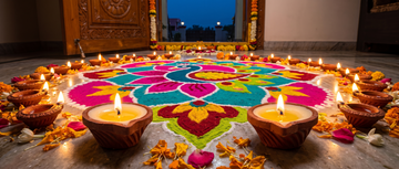 Diyas arranged around the edge of a colourful rangoli pattern at a home entrance for Diwali