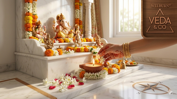 Diya placed in northeast corner of home altar according to Vastu Shastra principles — Veda & Co