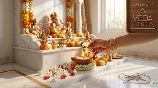 Diya placed in northeast corner of home altar according to Vastu Shastra principles — Veda & Co