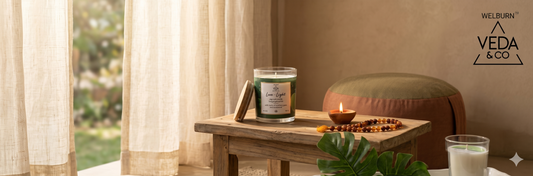 Wellness candle burning next to a meditation cushion with a mala and a small clay ghee diya in a calm Indian home corner