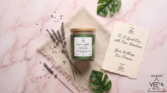 Veda & Co wellness candle gift set in premium packaging with dried flowers and a gift card