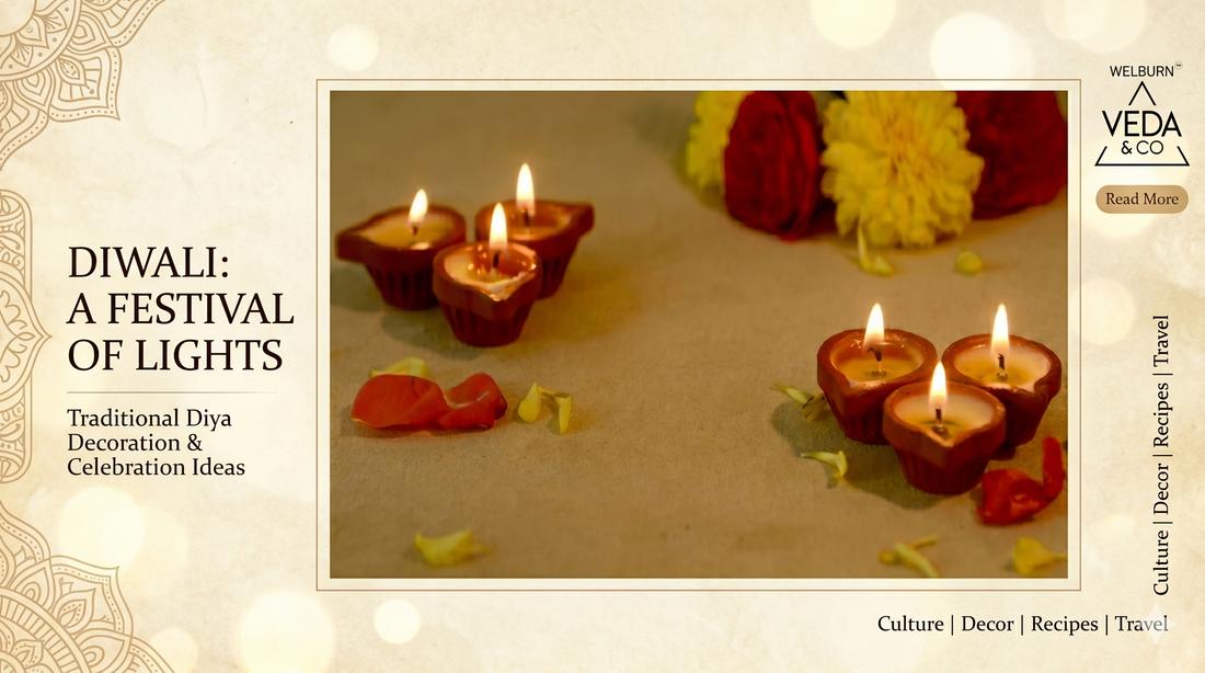 Stunning circular arrangement of lit clay ghee diyas with rose petals and marigold rangoli for Diwali pooja decoration