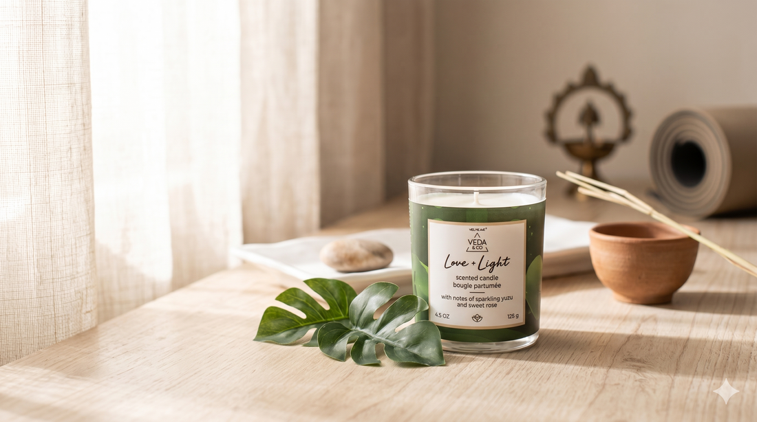 Veda & Co wellness candle burning in a glass jar on a white wooden surface with dried lavender
