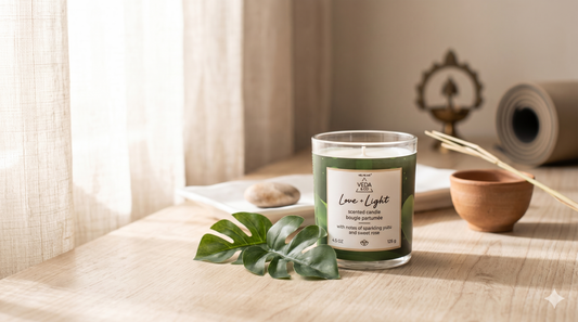 Veda & Co wellness candle burning in a glass jar on a white wooden surface with dried lavender
