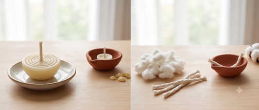 Close-up comparison of a pre-rolled ghee batti wick and a plain hand-rolled cotton wick