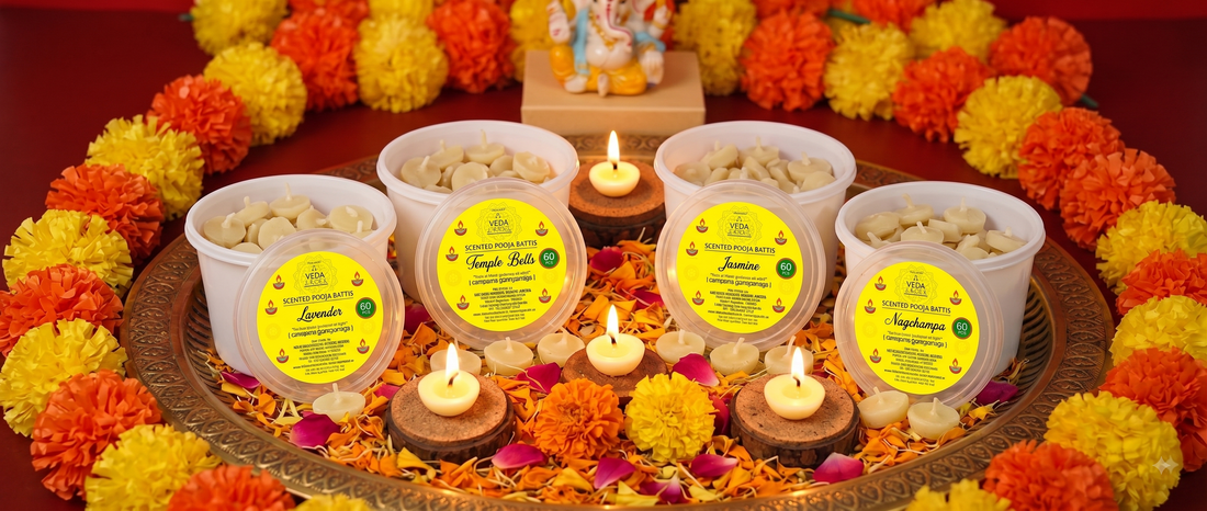 Different fragrance variants of ghee batti wicks arranged together showing nagchampa, lavender, and jasmine options