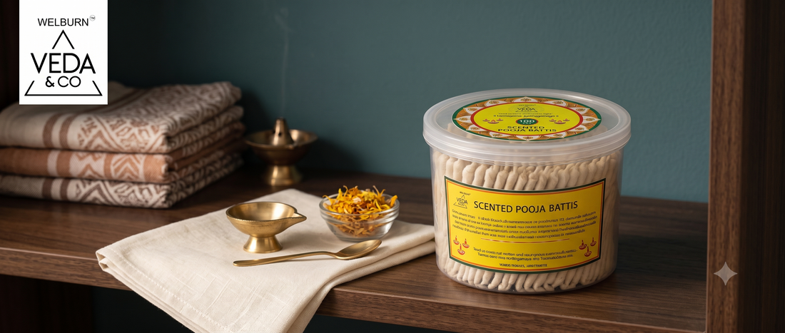 Ghee batti wicks stored in a covered container on a shaded shelf