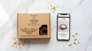 Pure cow ghee clay diya packs from Veda & Co shown as an online purchase — Veda & Co