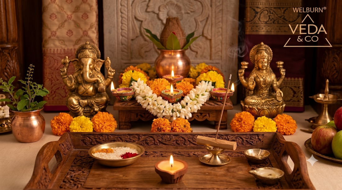 Rows of lit clay ghee diyas arranged on a Diwali-decorated doorstep with marigold rangoli