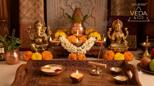 Rows of lit clay ghee diyas arranged on a Diwali-decorated doorstep with marigold rangoli